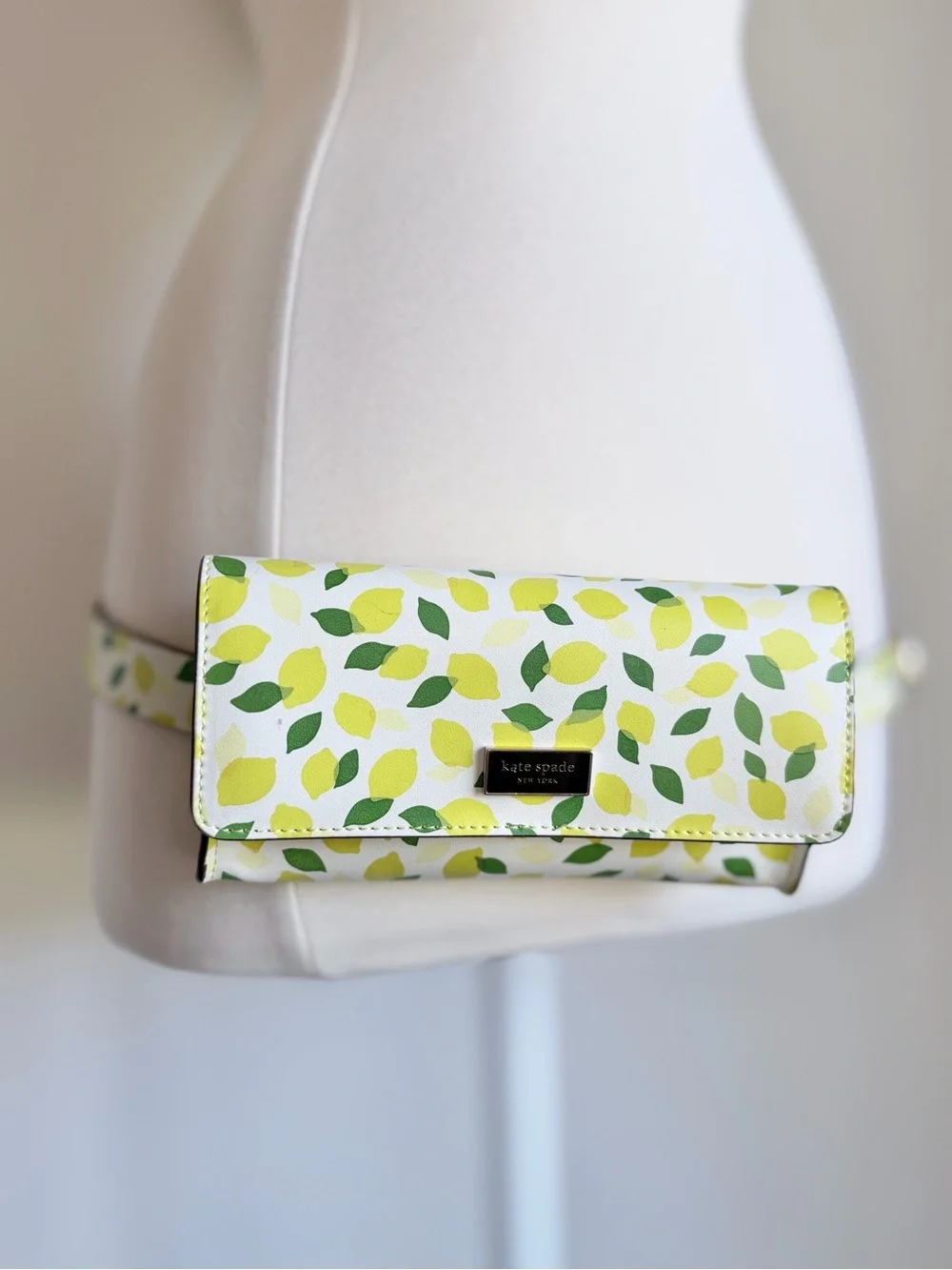 Kate Spade Lemon Print Zip Top Leather Belt Bag Fanny Pack, White Yellow S/M